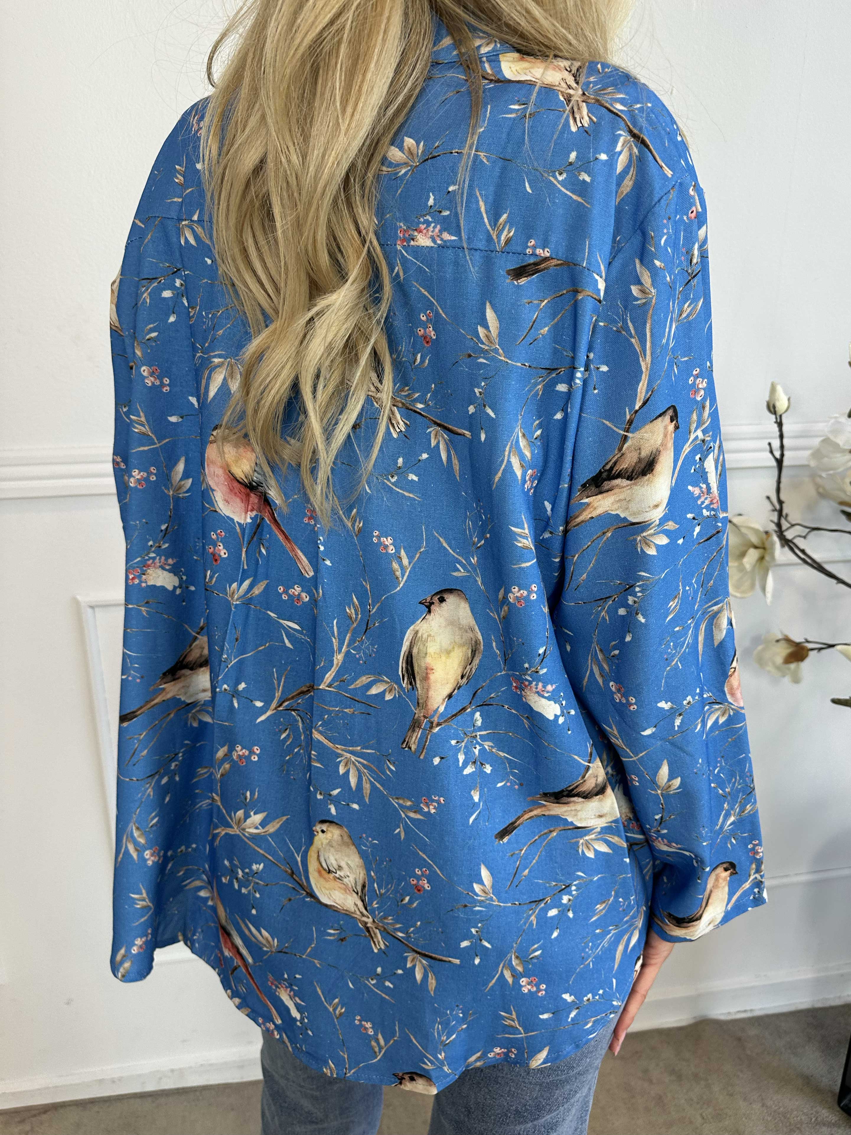 Carmen - Skjorta med fåglar av linne och bomull